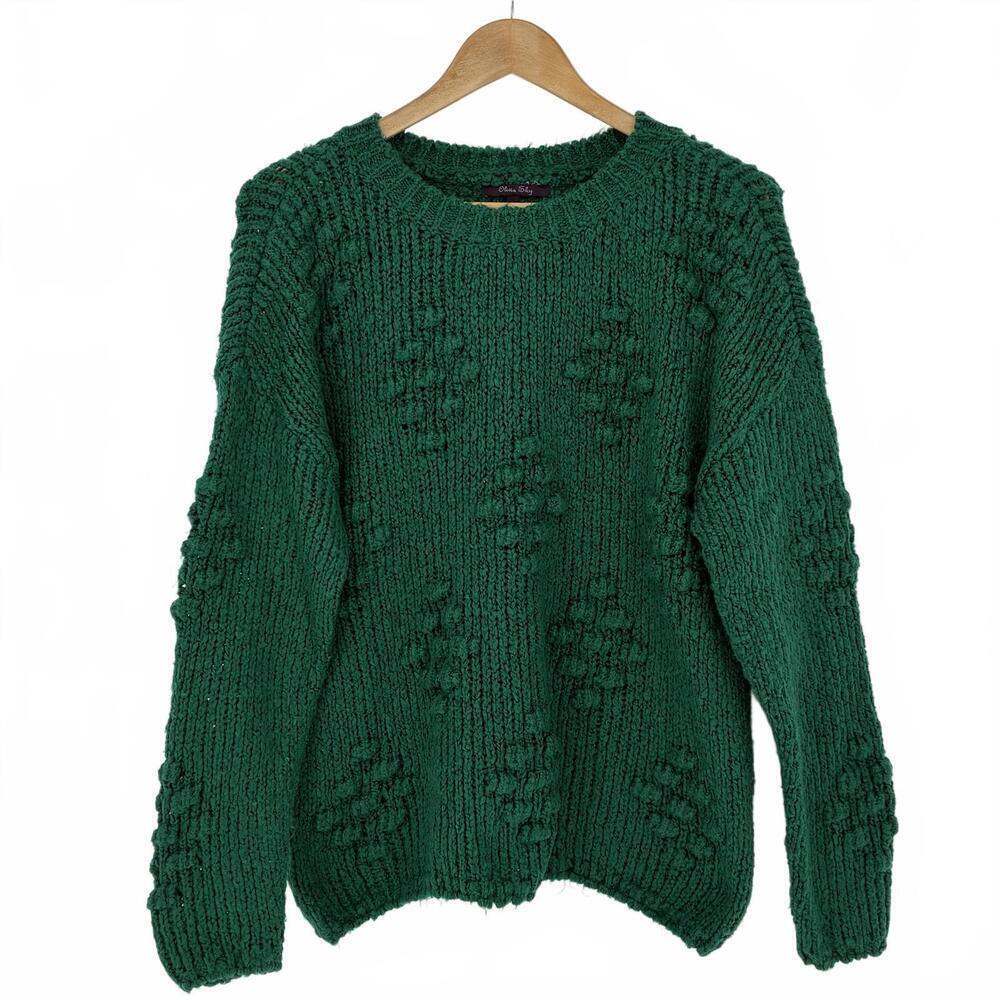 Olivia Sky Emerald Green Chunky Textured Knit Crew Neck Sweater - Size Large